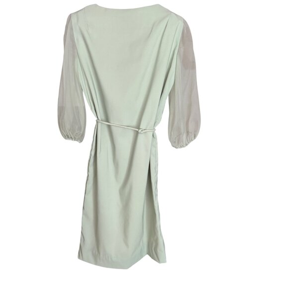 Vintage Sage Green Sheer Sleeve Dress With Tie-Waist Design - Picture 3 of 4